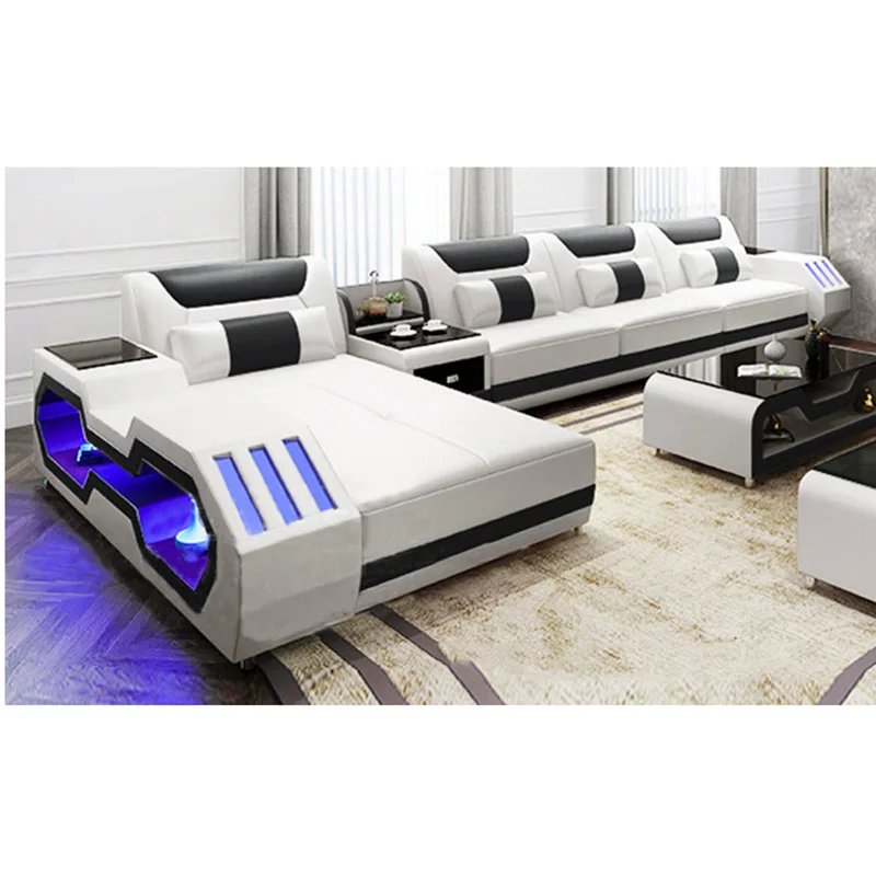 furniture factory provided living room sofas modern style genuine leather sofa  u shaped corner sofa design Led light set ly001