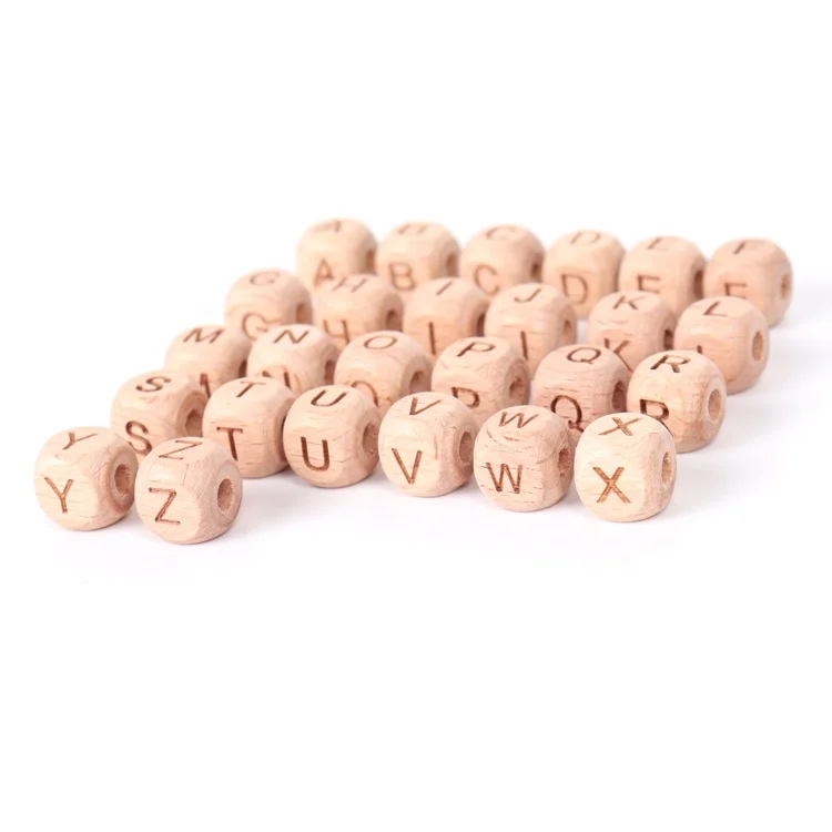 Hot fashion Beech letter beads laser engraved dice Teething beech wood  letter beads