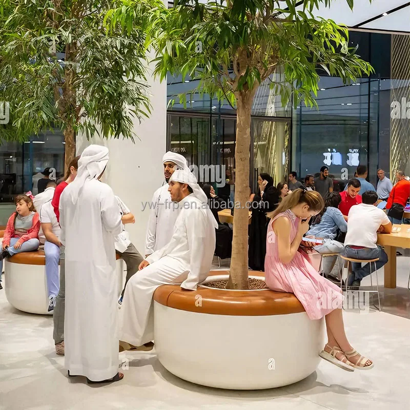 Hotel office shopping mall outdoor fiberglass flower pot chair indoor decoration creative green plant flower art tree seat bench