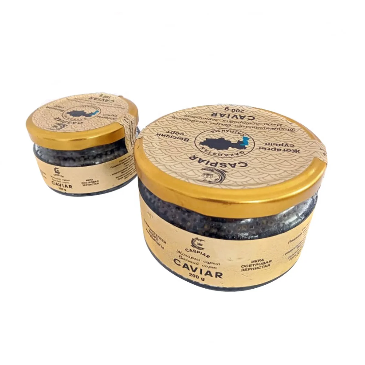 Pasteurized farm-raised sturgeon granular caviare packaged in glass jar from fish farm