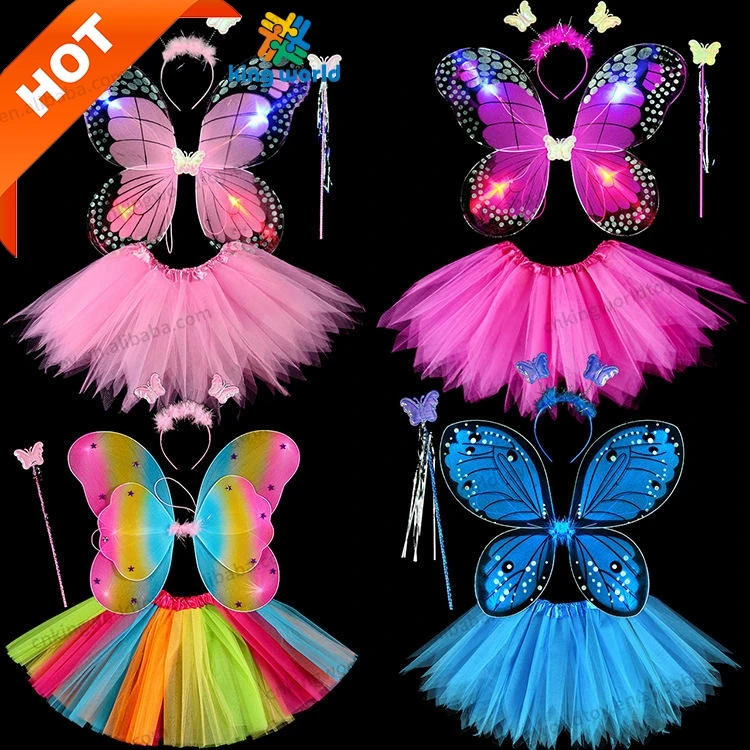 Kids Birthday Butterfly Dress Up Girl Performance Fairy Dress Halloween Party Cosplay Tutu Skirt with Cute Light Wing
