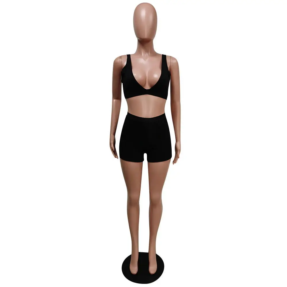 tights Fitness Women 2 Pieces Set Solid Sleeveless Low V-Neck Tank Top Biker Shorts Set Summer Clothes Matching Sets