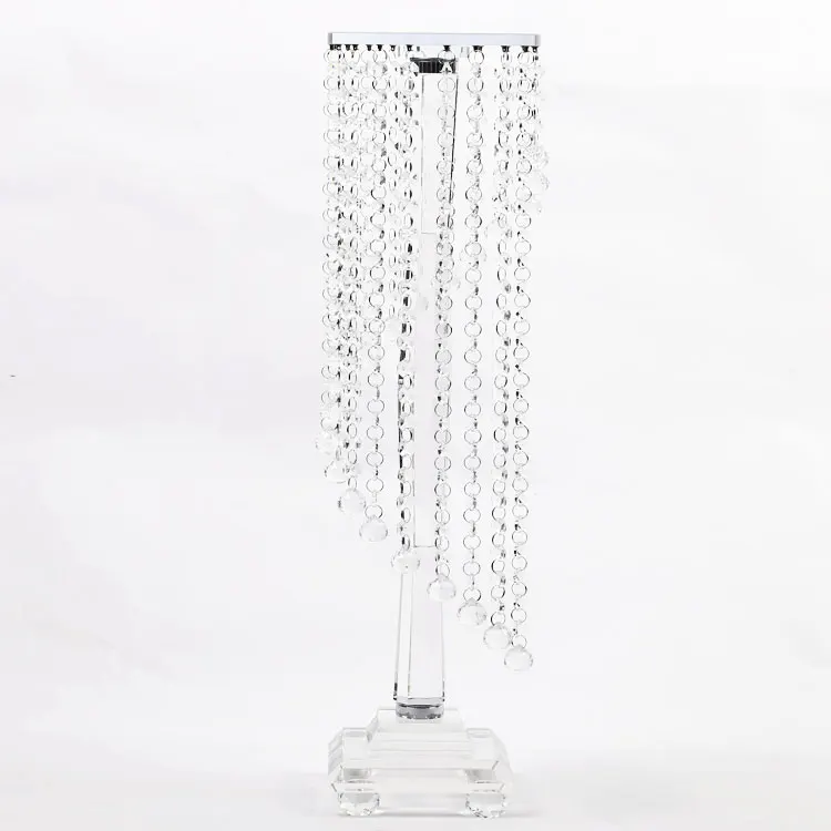 Hot sale clear square glass flower stand for wedding crystal table centerpieces with crystal beads hanging decoration on sale