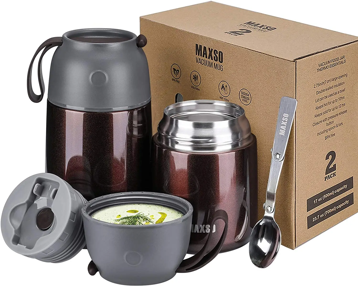 18/8 stainless steel 2 Pack Vacuum Insulated Food Jar Hot Food Containers for Lunch School Soup Thermos For Kids(17OZand24OZ)