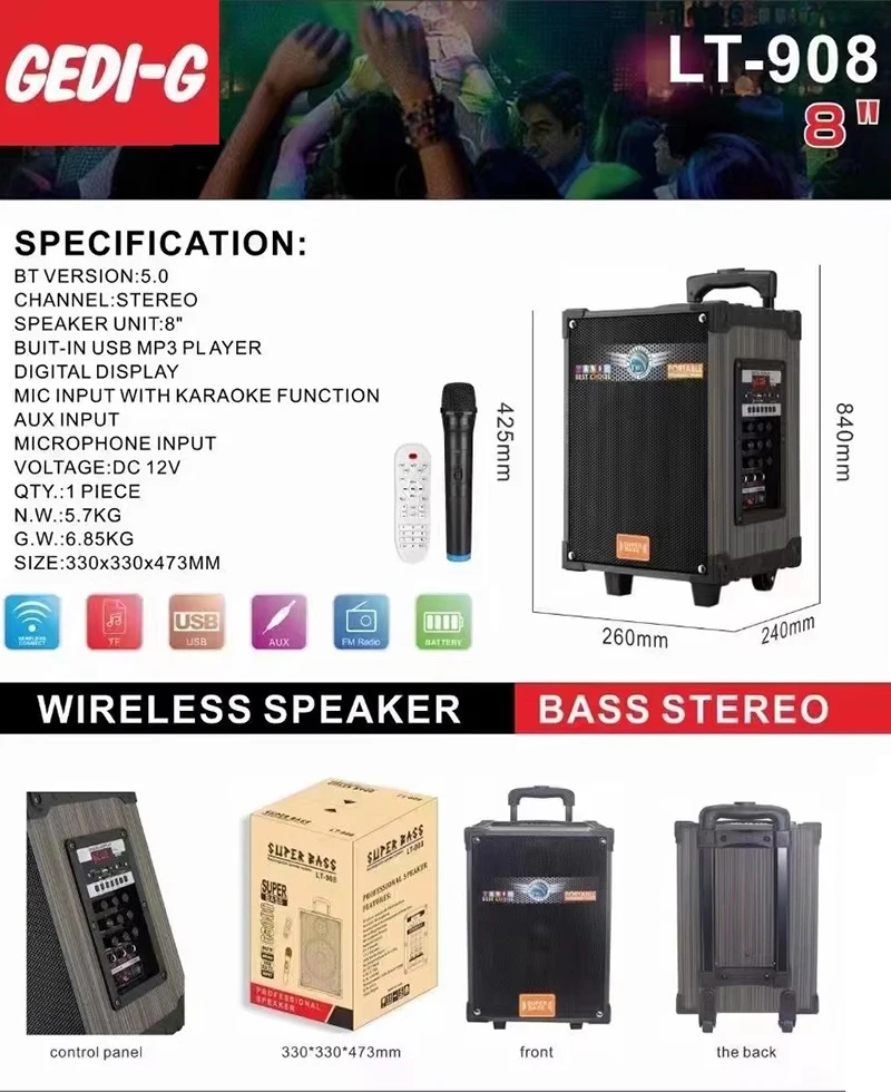 LT-908 Wooden Trolley Portable Bluetooths Speaker Concert DJ KTV Karaoke Mobile Phone Audio Player Mic Box Included