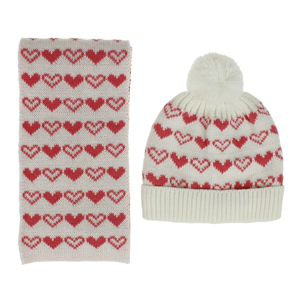Children Boys and Girls Winter Warm Hat and Scarf Suit Kids Carton Jacquard Pom Pom Beanie and Scarf Set