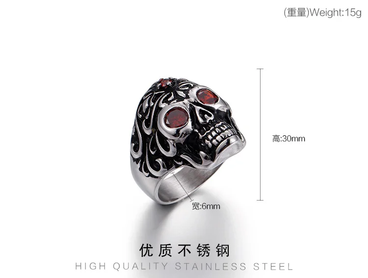 KALEN Vintage Gold Skeleton Head Stainless Steel Red Zircon Men Finger Ring