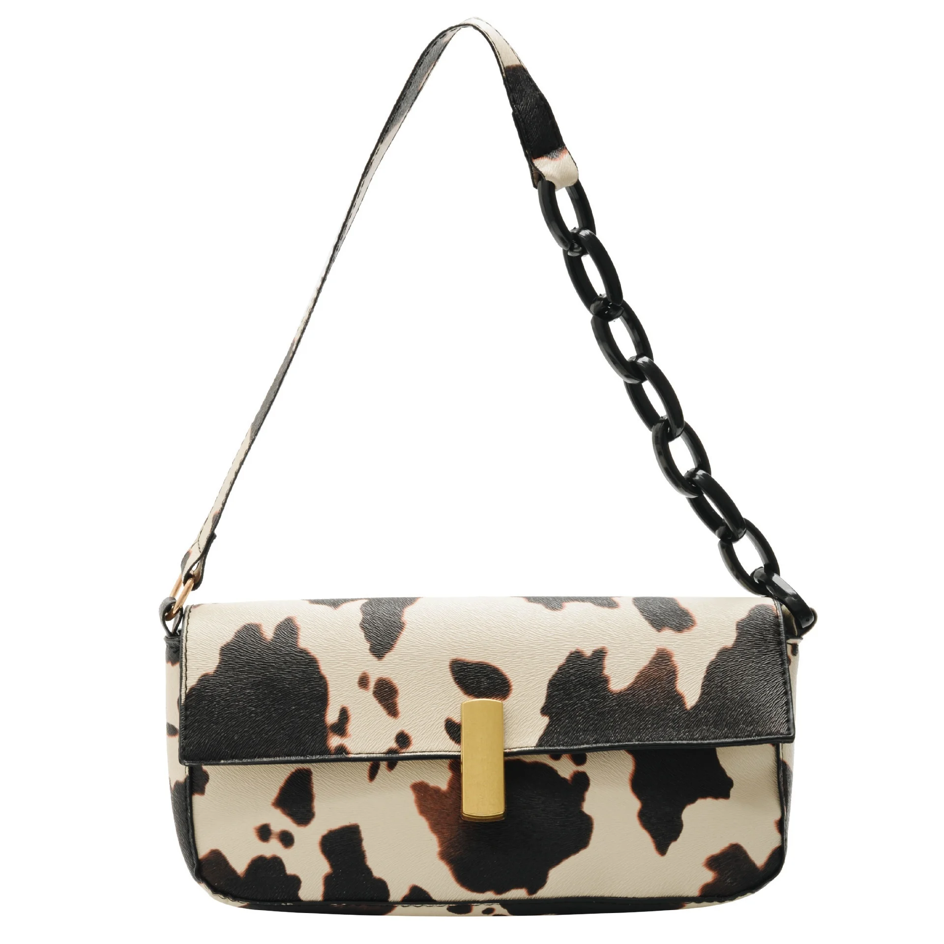 Wholesale niche brown-yellow one-shoulder chain rectangular cross-body cow pattern portable ladies bag