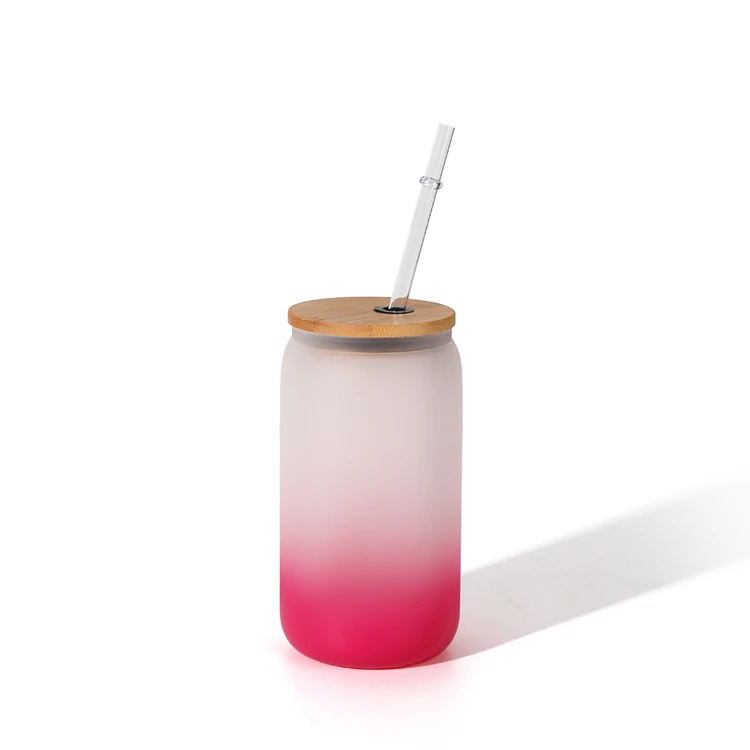 New Arrival 16oz Frosted Glass Gradient Color Bottom Soda Can Coke Can Mug With Bamboo Lid