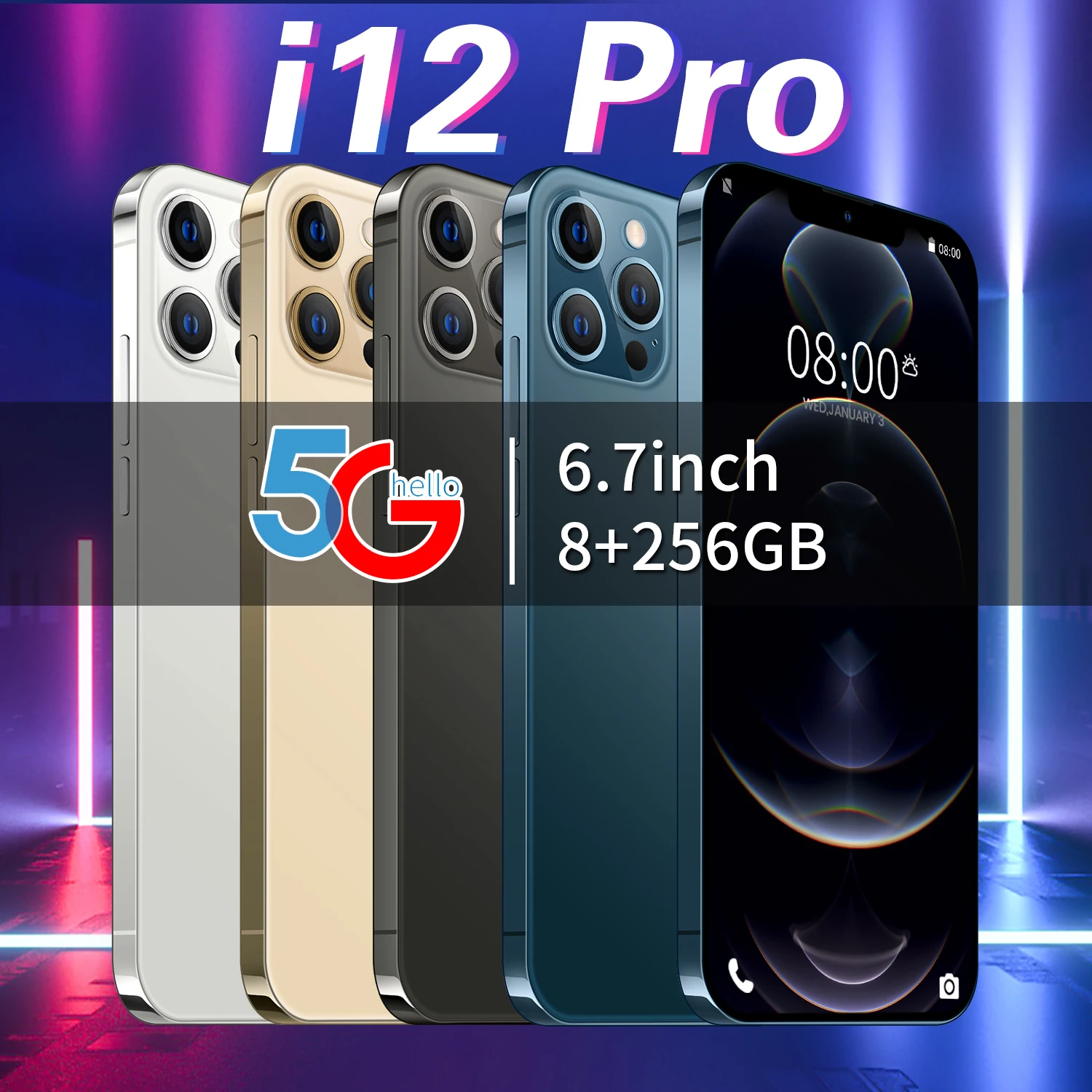 PHONE12 PRO MAX 8GB+256GB 16MP+32MP 6.7 Inch I12 PRO 4G Mobile Smartphone With Sim Card Big Battery Android Cell Phone