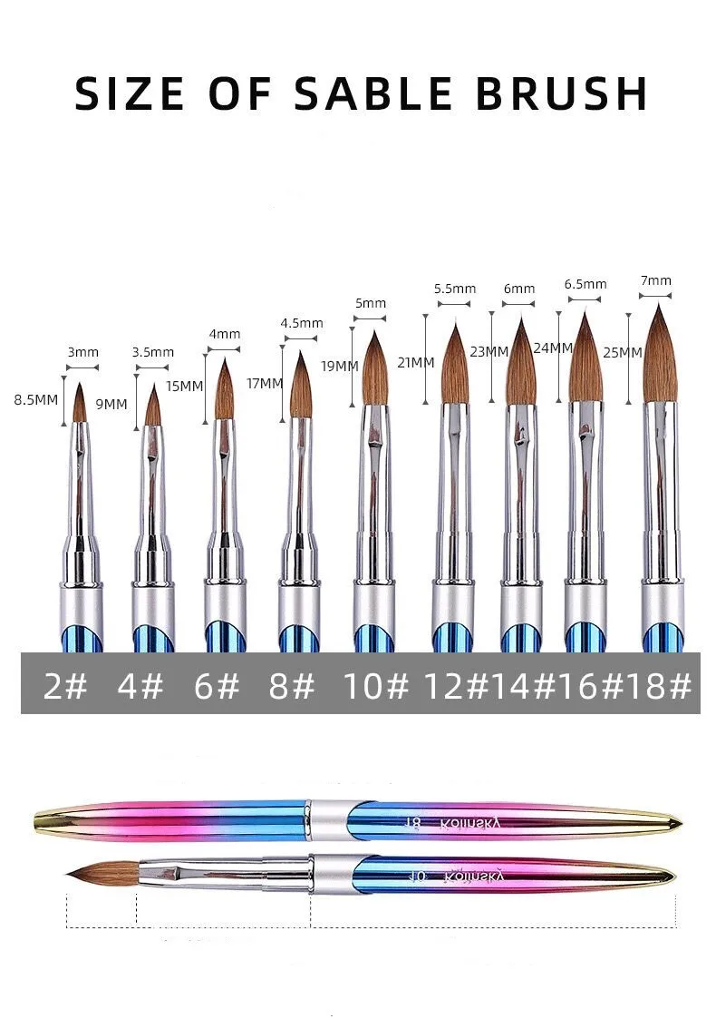 Gradients Rainbow Design Nail Brush Nail Art Painting Pen 100% Pure Kolinsky Hair Acrylic Nail Brush Set
