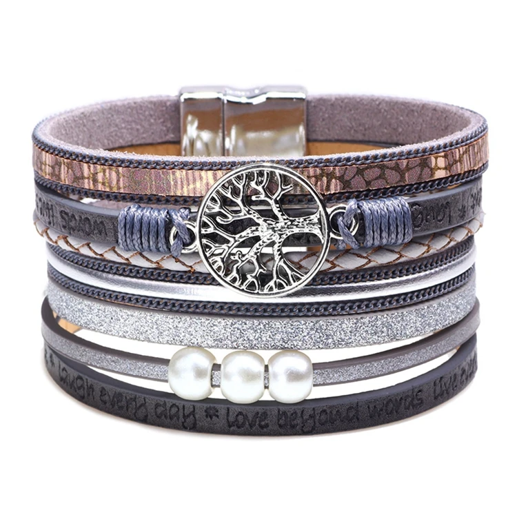 Wholesale Charm Pearl Tree Of Life Wide Magnetic Buckle Clasp Women Multilayer Wrap Leather Bracelet Jewelry For Ladies