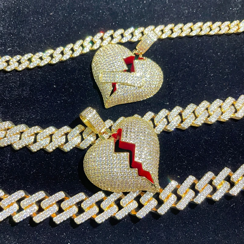 Gold Broken Heart Pendant Chain Hip Hop Iced Out Crystal Couple Jewelry Gift Break Broke Broken Heart Necklace for Couples