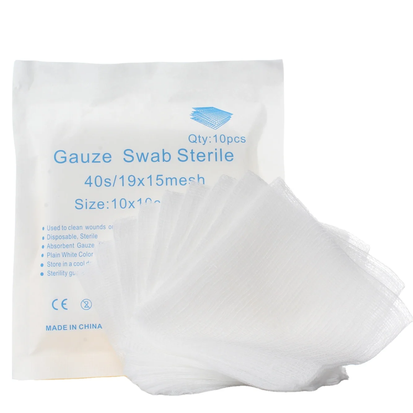 China Supplier best selling sterile medical x-ray detectable thread gauze swab with folded, 10cm x 10cm-12ply mesh 19*15