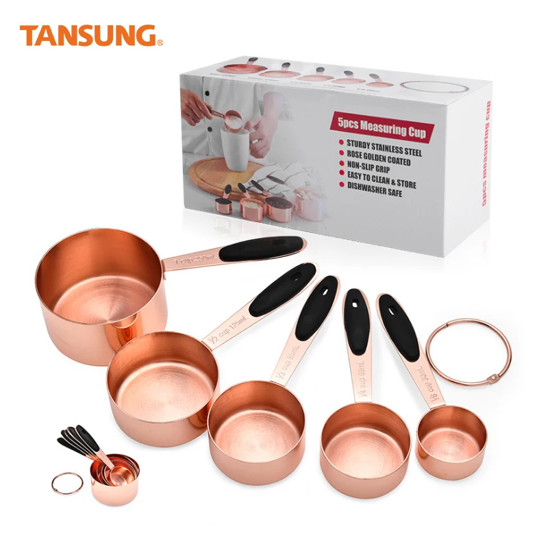 Copper Measuring Cups and set of 5 Piece Stainless Steel Nesting Measuring Cup Set with Soft Touch Silicone Handles