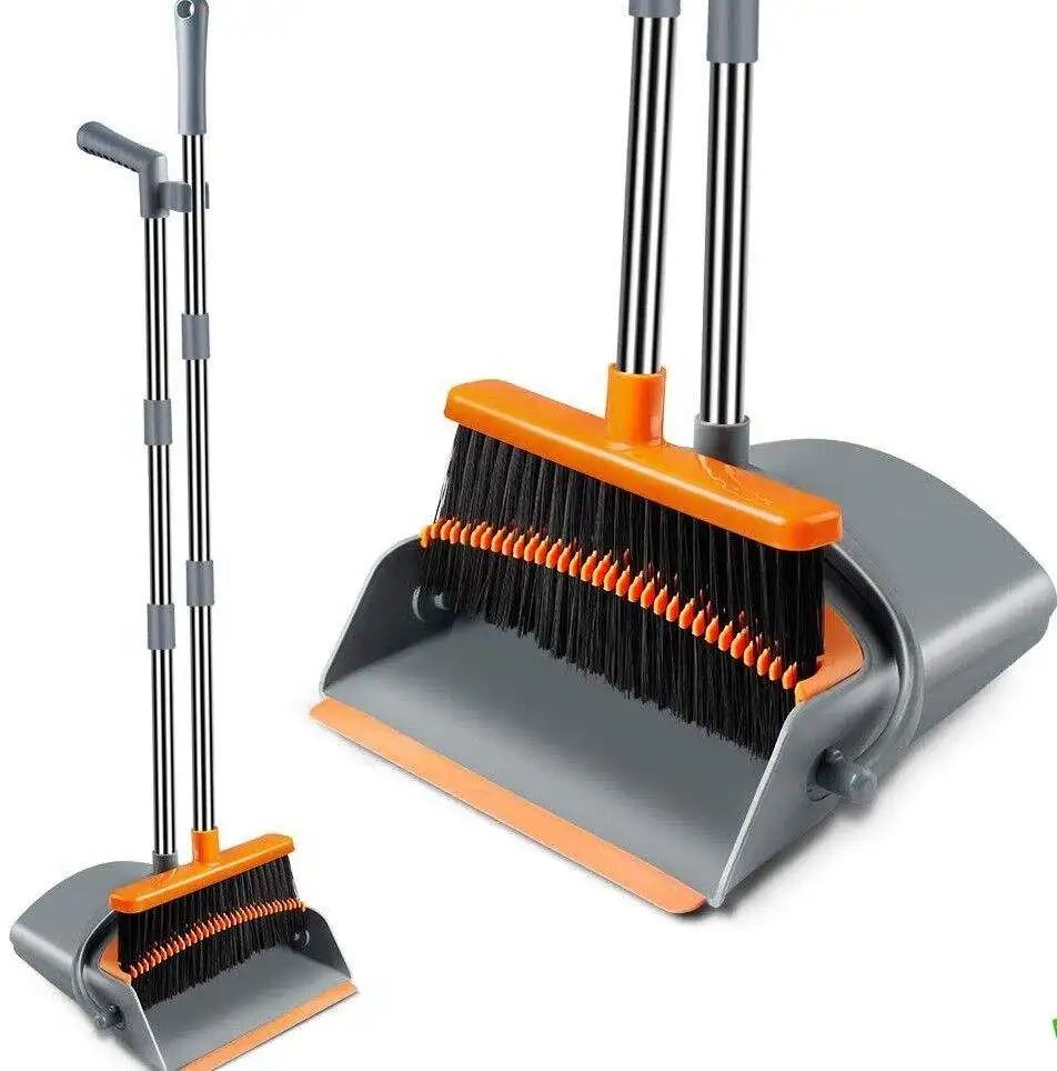 Home Kitchen Floor Cleaning Long Handle Broom and Upright Standing Dustpan Set