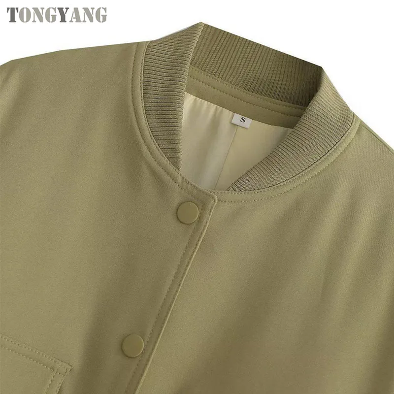 TONGYANG Women Fashion With Pockets Bomber Jacket Coats Vintage Long Sleeve Front Button Casual Female Outerwear Chic Tops