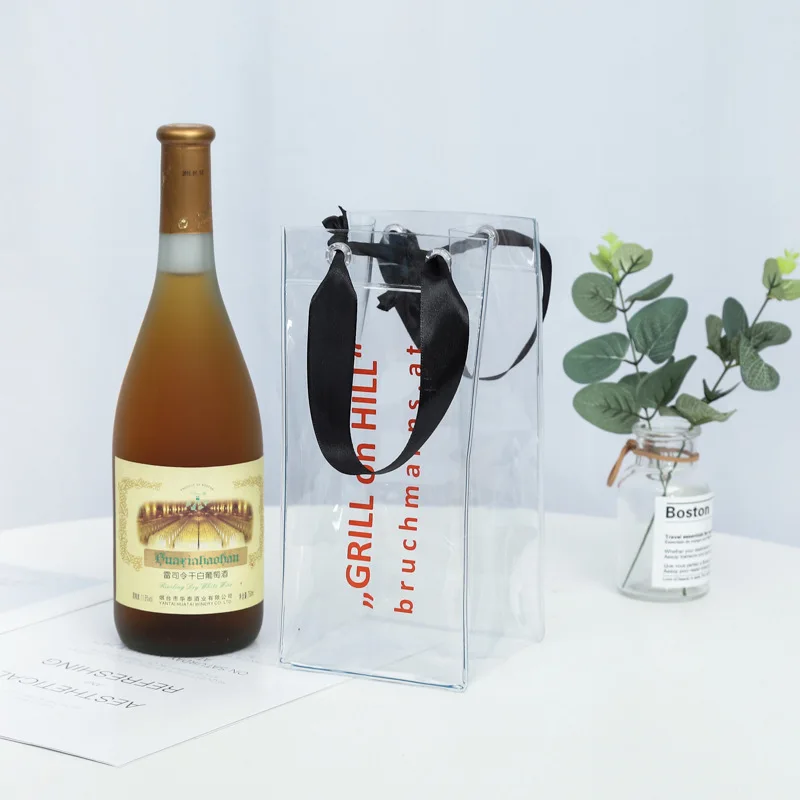 Promotional Customized Durable Soft Vinyl Clear Ice Bag Cool PVC Wine Beer Bottle Tote Bag Cooler Ice Bag With Ribbon  Handle