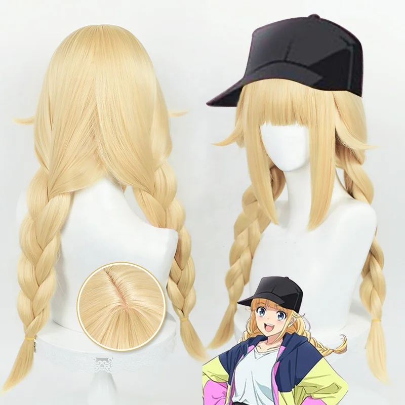 Wholesale 65cm Long Blonde Ya Boy Kongming Anime Tsukimi Eiko Wig Cosplay Synthetic Heat Resistant Hair Wig With Two Braids