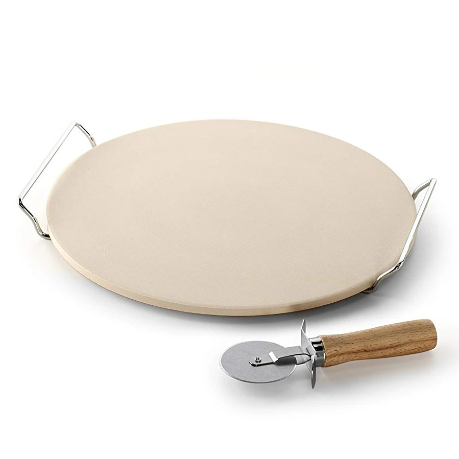 13 Inch Ceramic Pizza Stone Set With Rosewood Handle Pizza Cutter