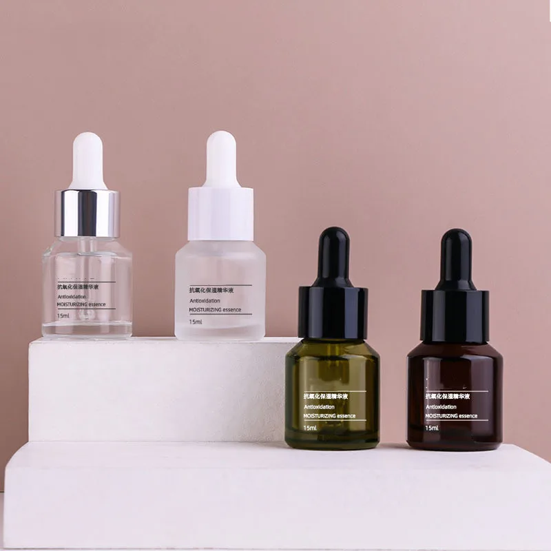 Wholesale 15ml green clear frosted amber glass dropper bottle with white rubber dropper essence oil  bottles with good price