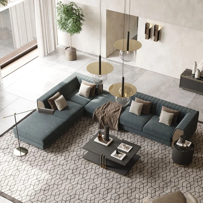 Luxury Villa Living Room furniture Modern Design Fabric stripe Leather 3 Seat Sofa set for Hotel lobby and home office