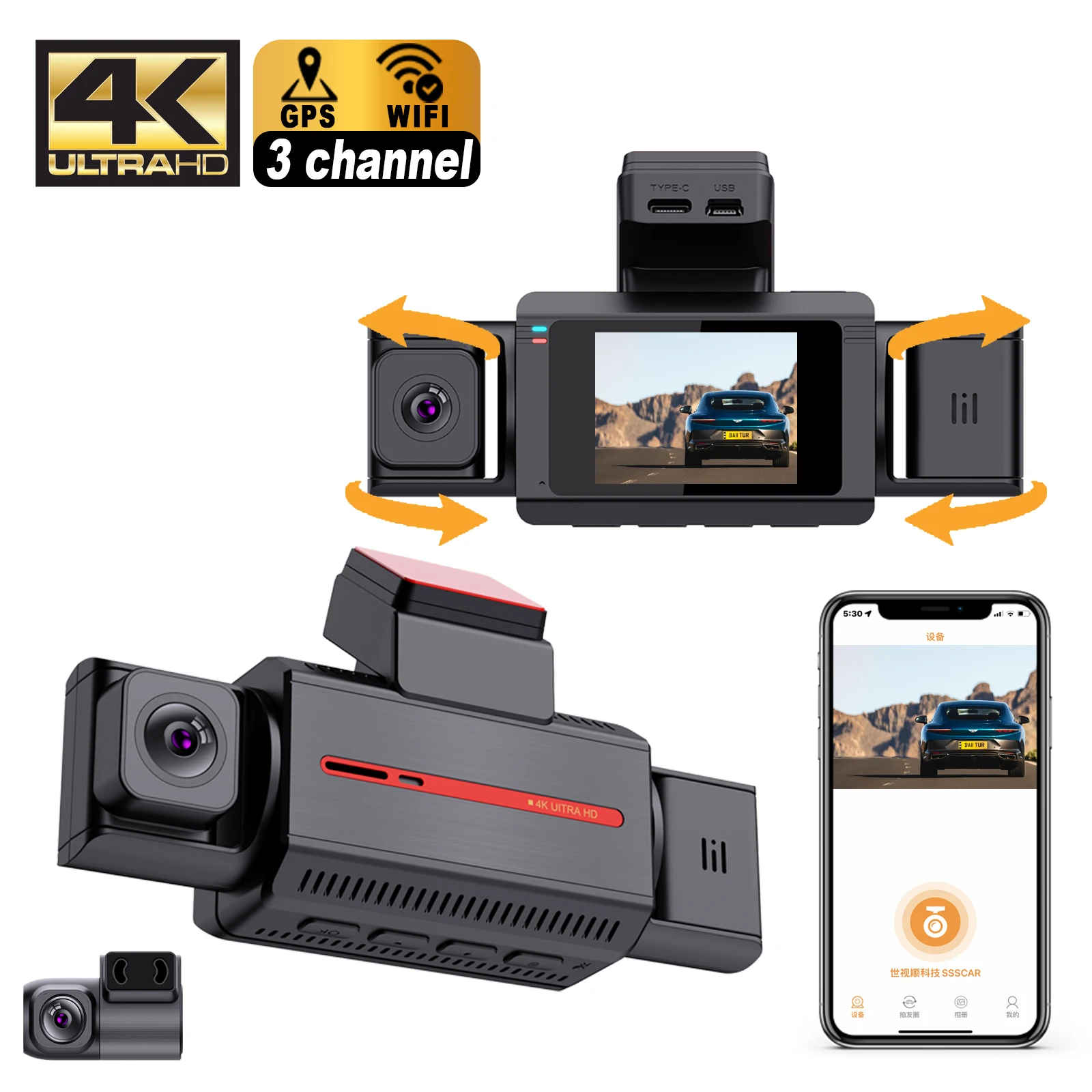 3 channel car dvr 4K WIFI GPS dashcam Front and rear+inside 3 lens dash camera hd 4k dash cam 3 lens car dvr dashcam