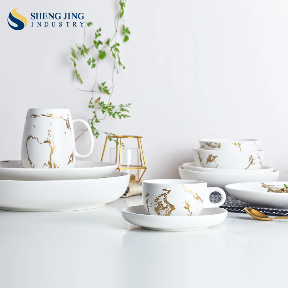 High Quality Ceramic Matte White And Black Porcelain Dinnerware Set Round Marble Gold Plate Bowl For Weddings Hotels Restaurant