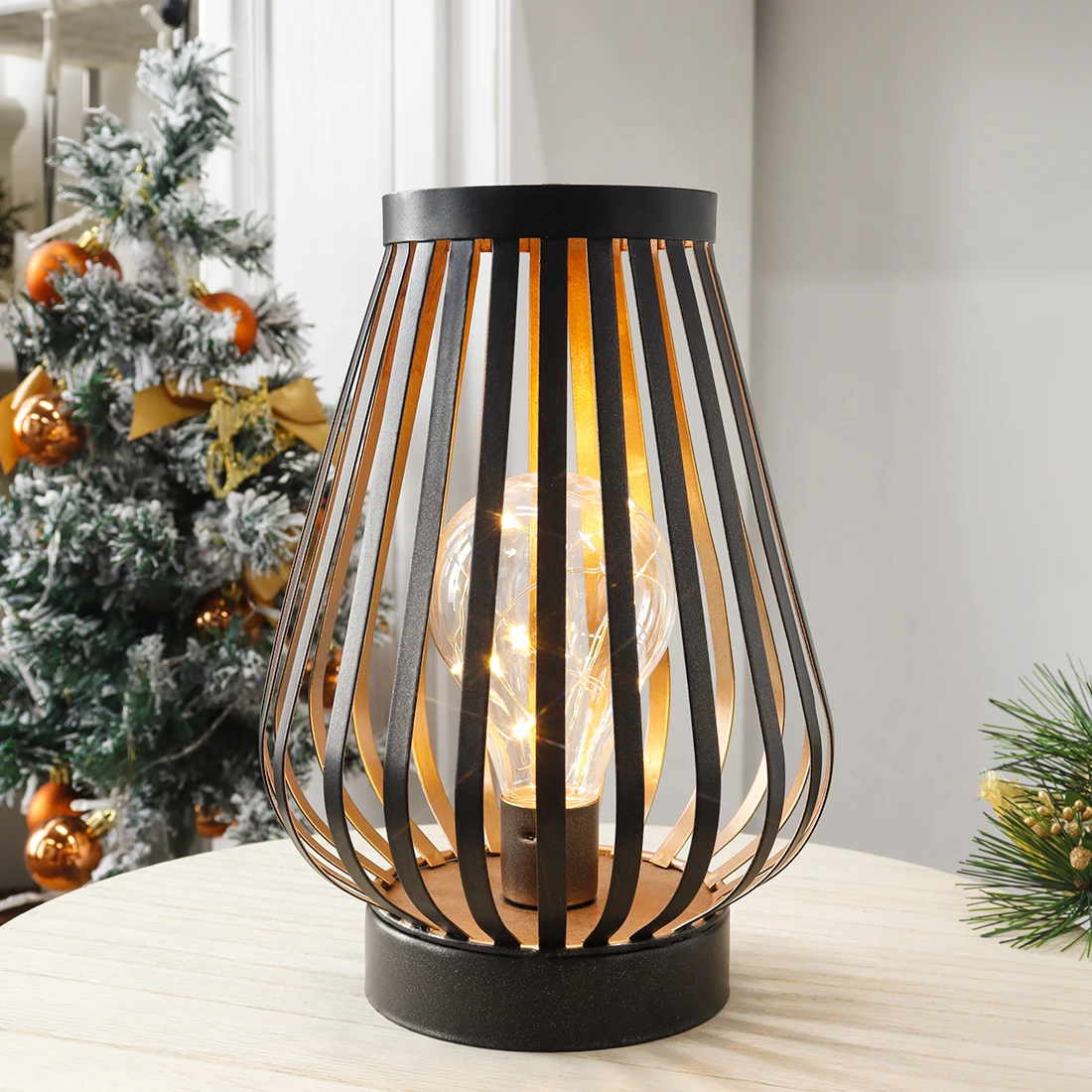 2024 Christmas Battery Lamp Metal Cage Shape Cordless Table Lamp Fairy String Lights Lamp For Home Decor