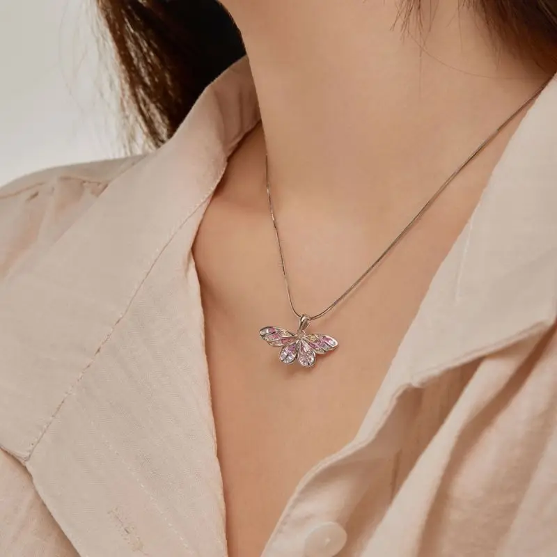 Dylam Exquisite Pink Dragonfly Pendants For Women Necklace Hollow Butterfly Snake Chain Link Colourful Cubic Zirconia Necklaces