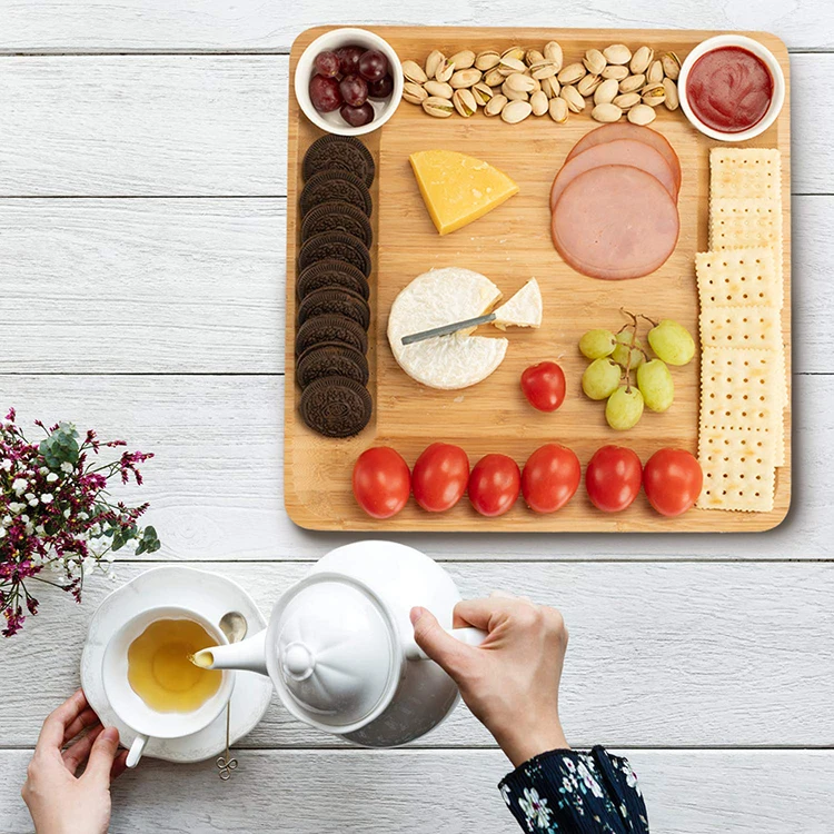 Top Quality Charcuterie Platter Serving Tray Unique Bamboo Cheese Board Set With Cutlery Knife For Wine Cracker Brie And