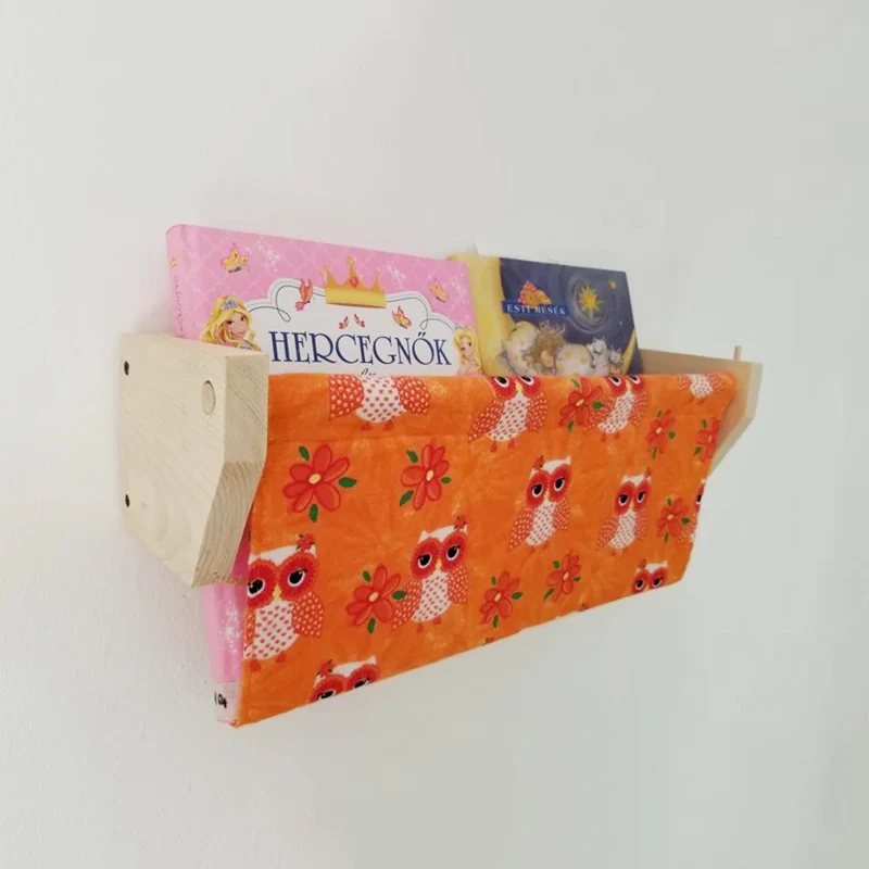 Wall Mounted  Wood Shelf with Fabric Pouch for Books