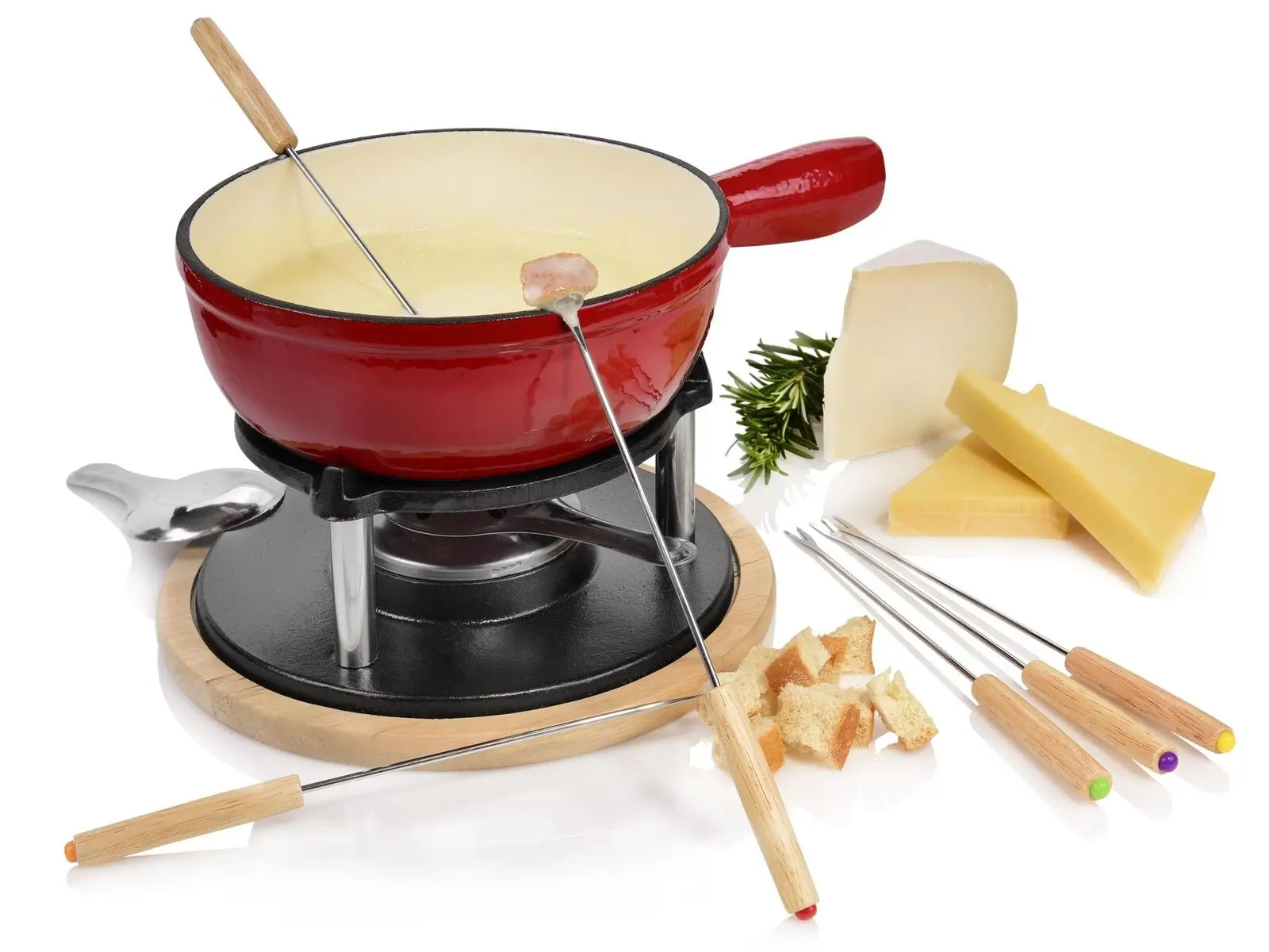 11-Piece Enameled Cast Iron Fondue Set Cheese or Chocolate Fondue Pot with Fondue Pot, Burner and Base Forks 1.1 Quart Capacity