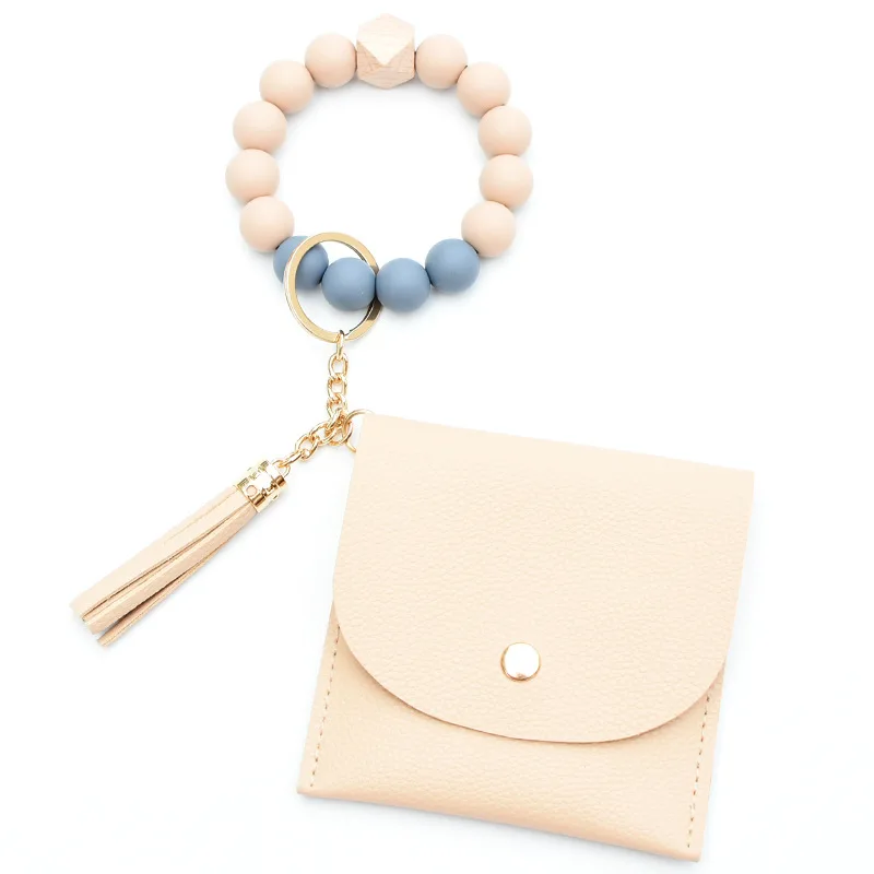 Tassel Key Ring Bangle Purse Designer Leather Card Holder Silicone Beaded Wristlet Keychain Wallet