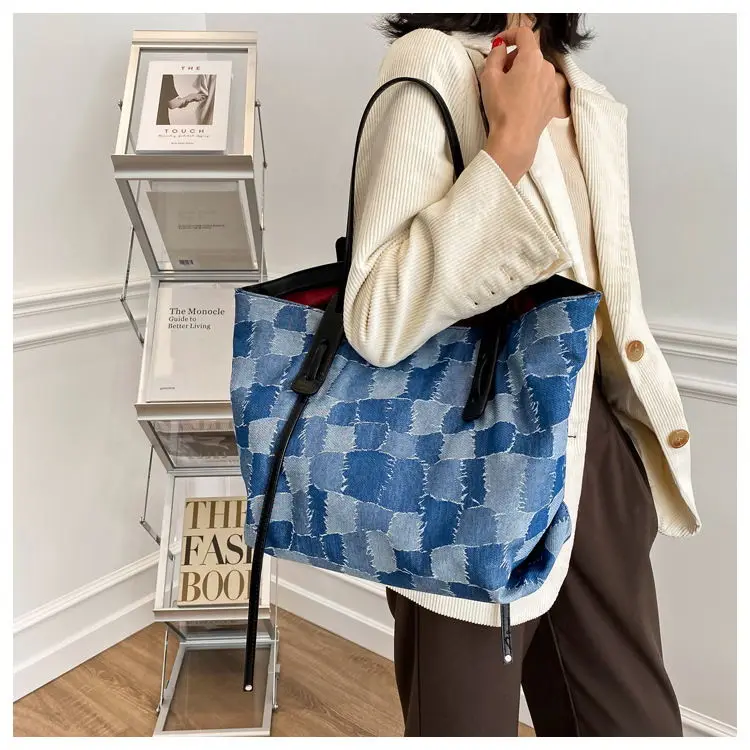 2023 Trendy Handbag Large Capycity Canvas Shoulder Bag Bolso De Mano Hombro Mujer Hot Sell Grid Pattern Oversized Tote Bag