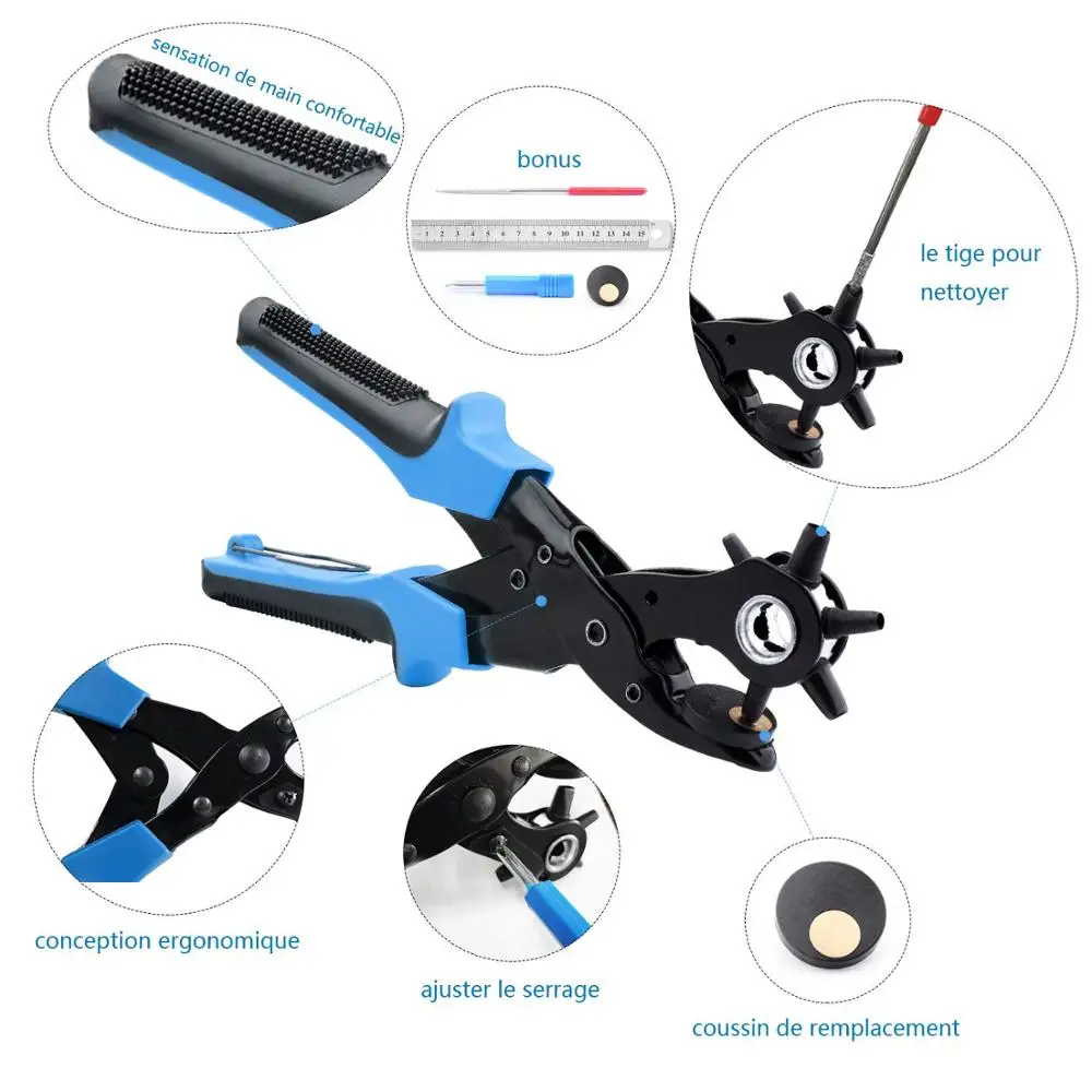 Leather Belt Hole Punch Set with 6 Holes Size Tool for Watch Strap Shoe Leather Hole Punch Plier