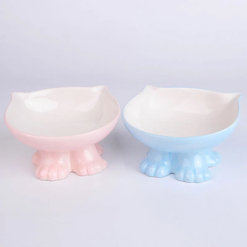 Wholesale Eco Friendly Light Pink High Foot Bevel Elevated Dog Bowl Ceramic Pet Bowl