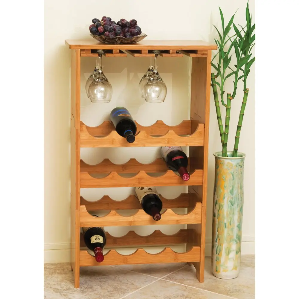 5 tiers   Bamboo wine bottle standing rack with glass holder