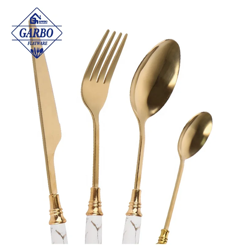 24PCS Gilded Stainless Steel gold silverware Flatware Set With Ceramic Handle luxury cutlery set Kitchen Stock Metal Shelf
