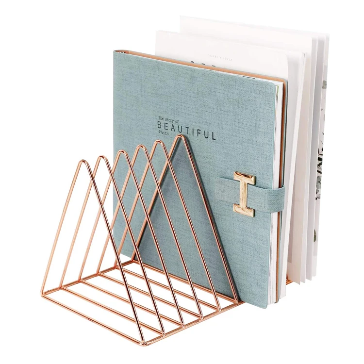 Metal Iron Wire Newspaper Bookshelf 9 Slot Triangle Shape Desktop Magazine File