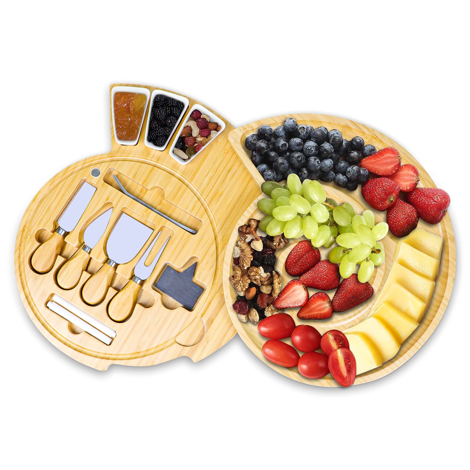 GL Large Round Charcuterie Boards Bamboo Cheese Board and Knife Set Wooden Cheese Plate Unique Cheese Board & Serving Tray
