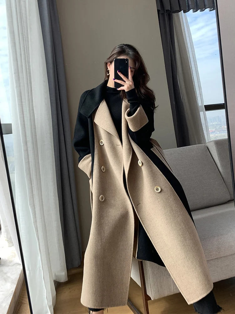 Winter Mid-Long Women Elegant Notched Collar Wool Blend Overcoat Double Breasted Pea Coat Trench Coat with Belt