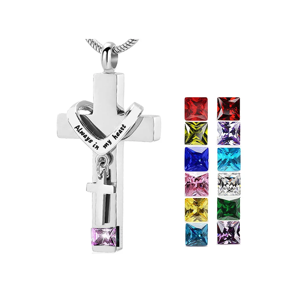 Memory Keesakes Jewelry Stainless Steel Casket Birthstone Ash Pendant Cross Cremation Urn Necklace for Ashes