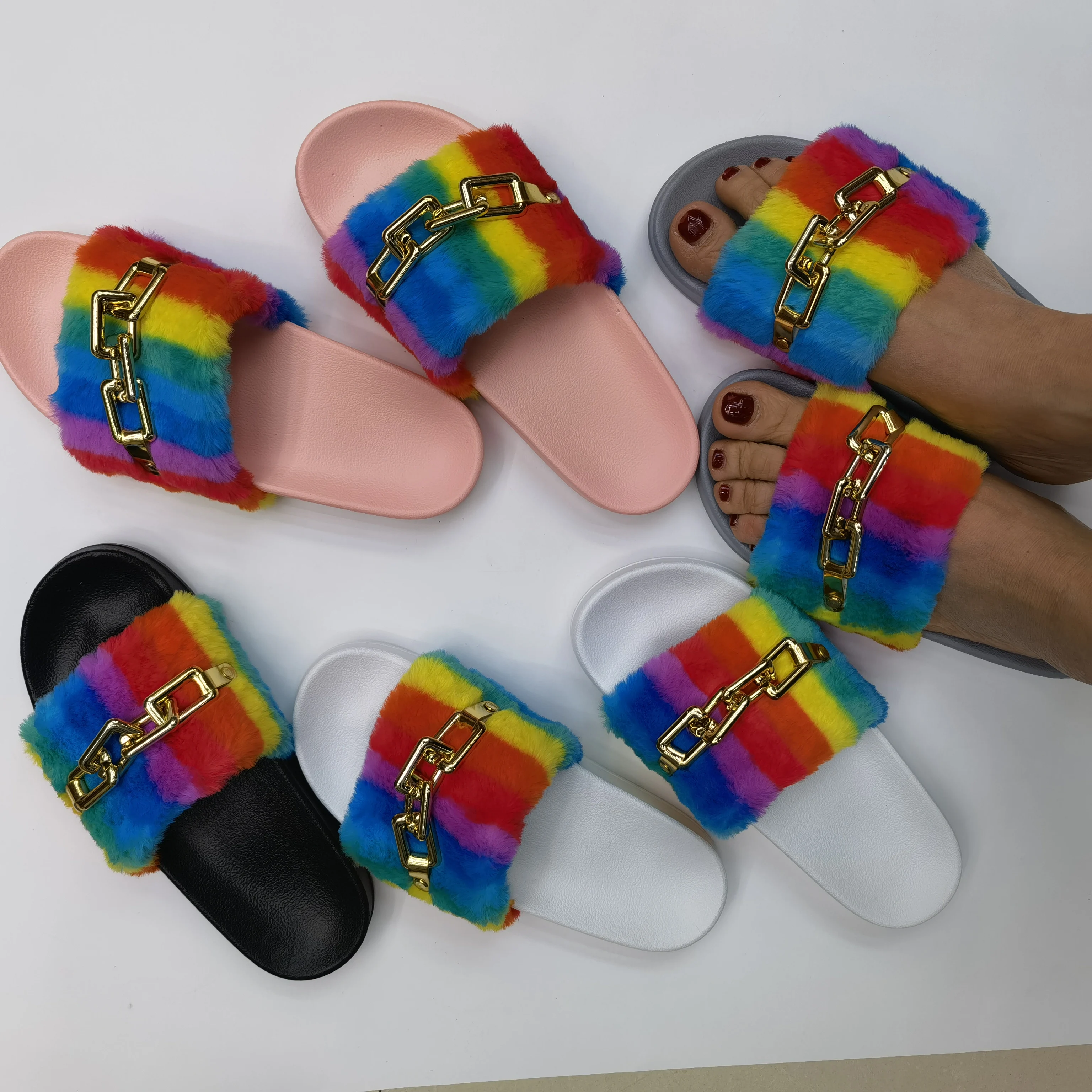 Amazon hot sale fluffy plush speechless six-color PVC slippers