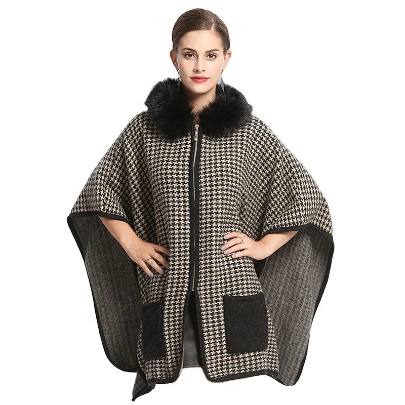 
Wholesale Faux Fur Collar Cloak Outside Knit Winter Hoodie Women Poncho Jackets 