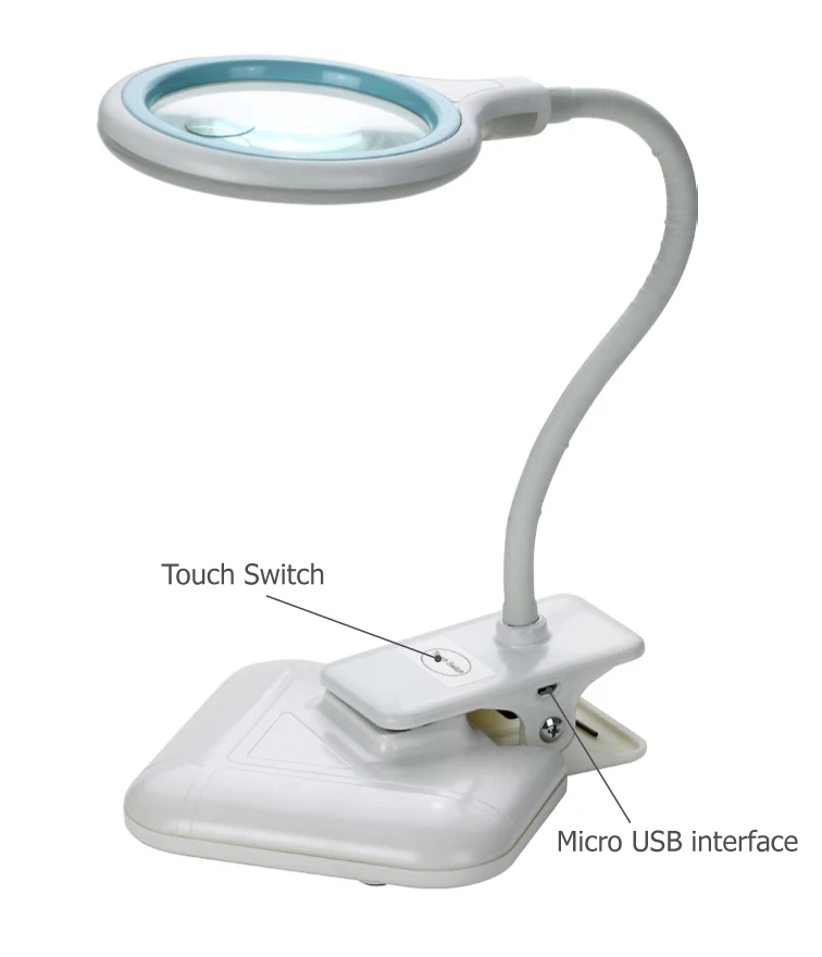 Zhongdi ZD-127 Magnifying Lamp with Micro USB Interface White Gooseneck LED Desk and Clamp Lamp with USB Charging Port 5V 2W