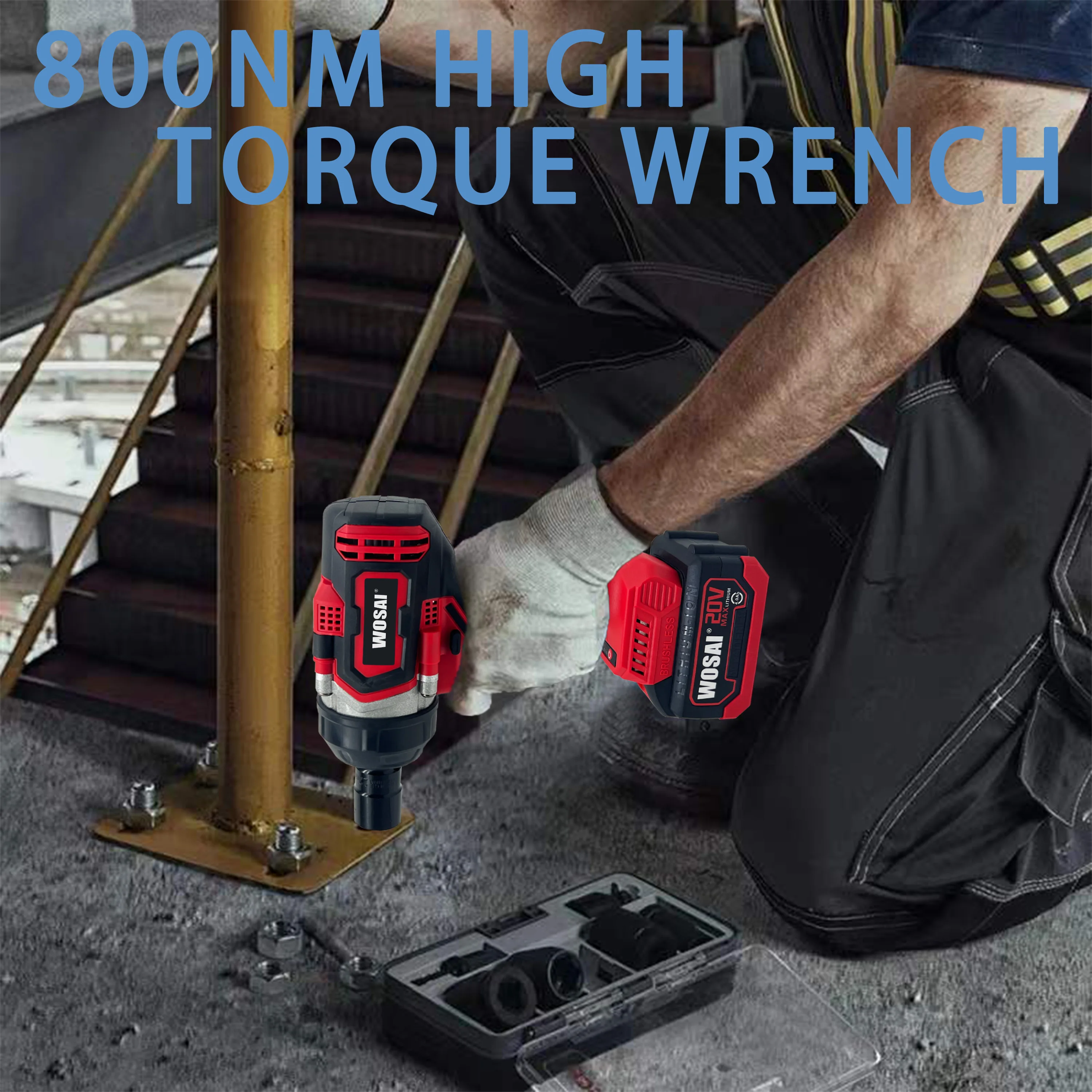 WOSAI New Arrival 20V Cordless Brushless Electric Battery 1/2 Impact 800NM High Torque Brushless Wrench