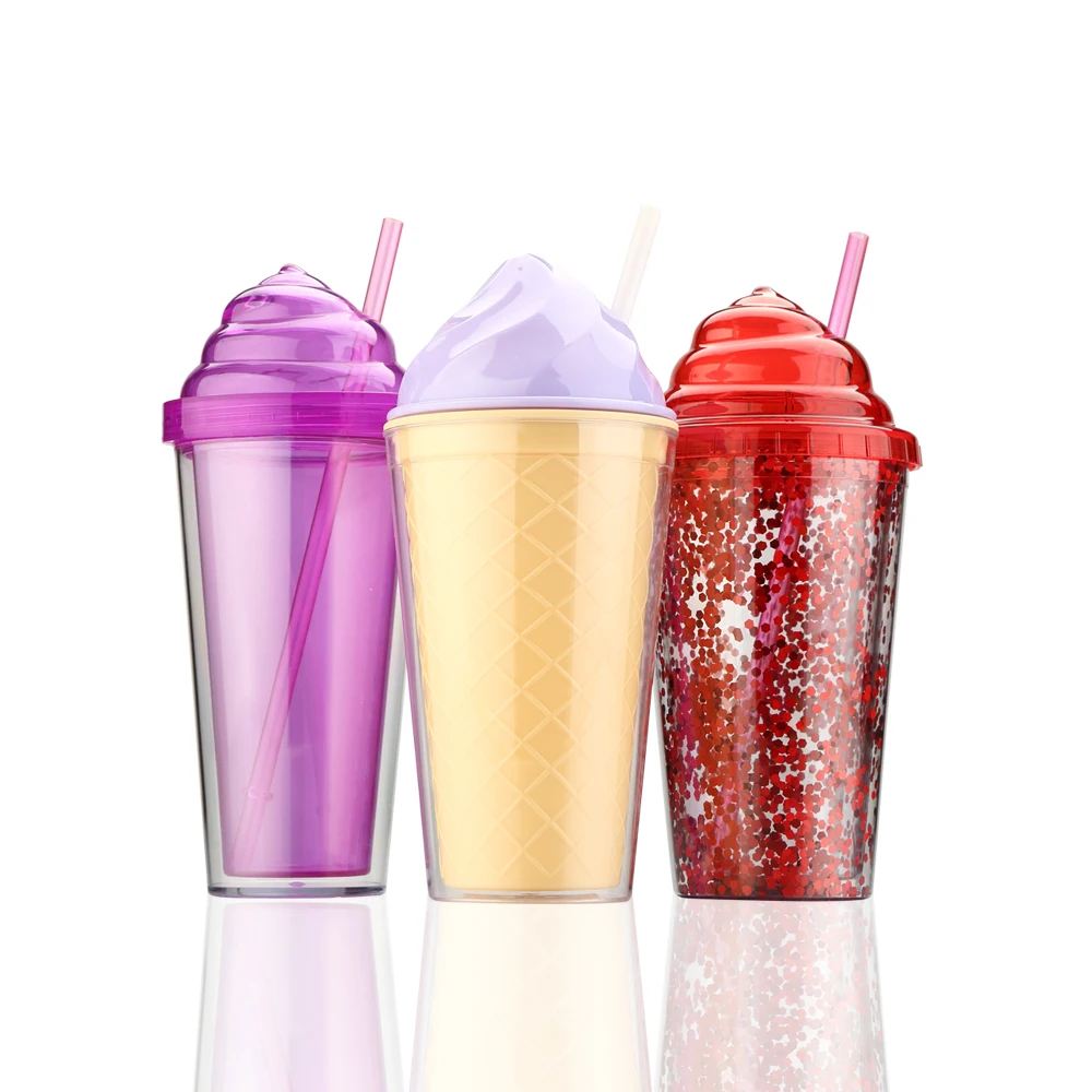 Promotional BPA free16oz Plastic Travel Mug Double Wall Plastic Tumbler Ice Cream Cup With Straw