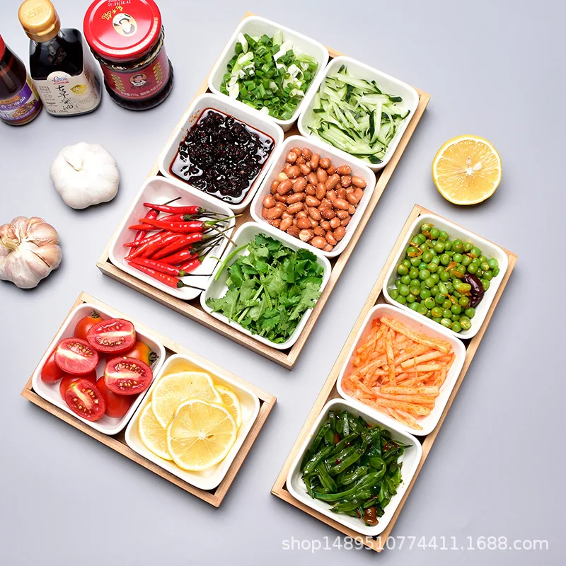 Removable Fruit Ceramic Compartment Bowls with Bamboo Serving Tray