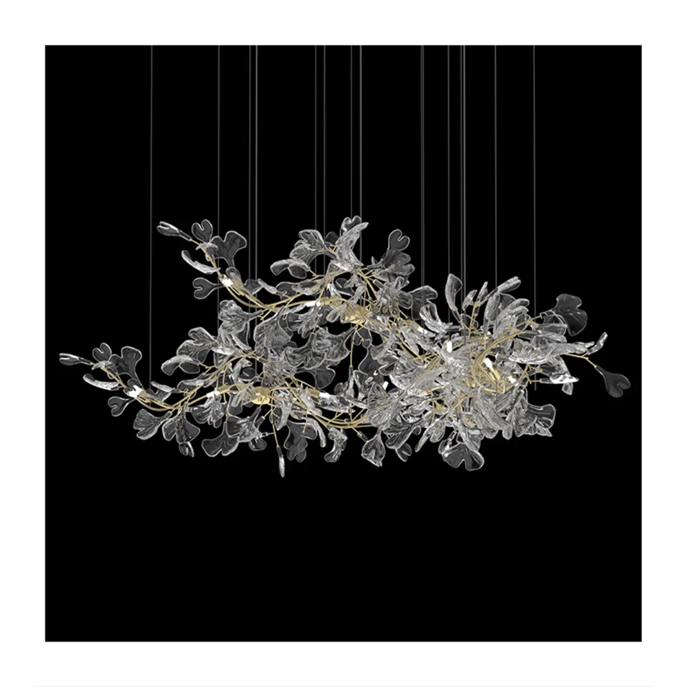 Tree Branches Ceiling Lamp Modern Luxury K9 Crystal Led Gold Chandelier Ginkgo Leaf Glass Pendant Light For Bedroom Living Room